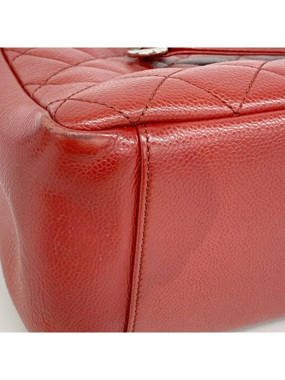 Chanel Chain Tote Bag Quilted Caviar Leather Red Silver